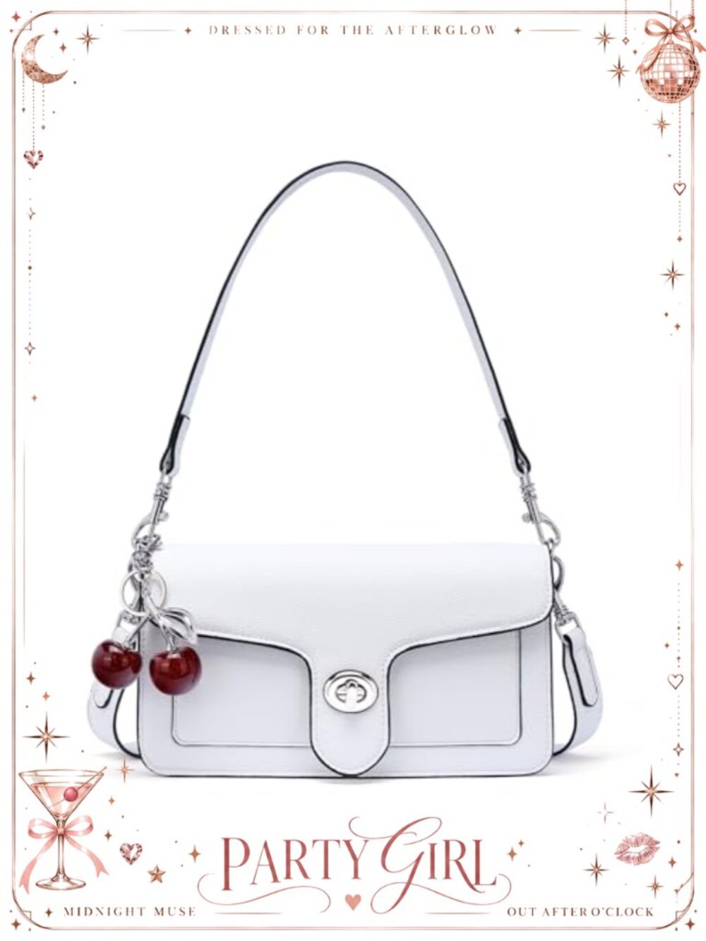 Vegan Leather Crossbody Bag with Cherry Charm, 2 Straps, Satchel Purse